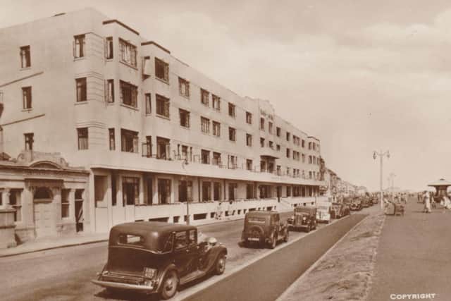 An east-facing view of the Beach Hotel, taken soon after the Second World War. On the left is the entrance to the Burlington Brasserie