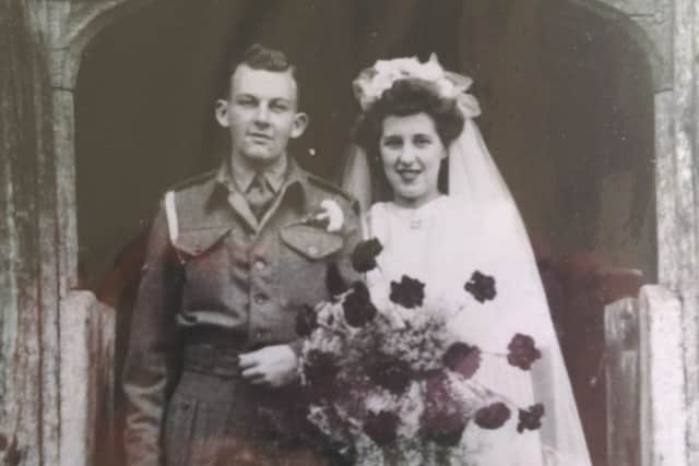 Victor and Dorothy Denman, of Coombe Hill, Billingshurst on their wedding day on July 30th 1945 - picture contributed by the Denman family
