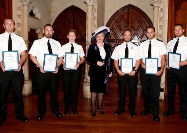 The Sussex Police West Sussex Divisional Awards - receiving their awards from the High Sheriff of West Sussex, Mrs Denise Patterson: PC Nathan Taylor, PC Dan Bridger, PS Abigail Lynn, PC Nick Arthur, PC Elliott Lander, PS Oliver Fisher SUS-150722-085249001