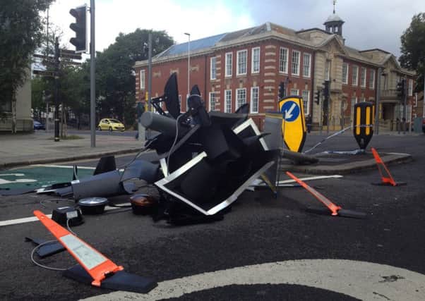 Traffic lights mangled in a crash on the junction of Chapel Road and Richmond Road, Worthing
