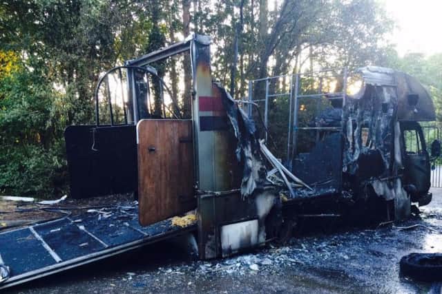 Horsebox destroyed in a fire near Wisborough Green. Photo by Billingshurst FRS