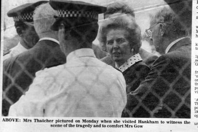 Copy photos from the Eastbourne Gazette and Herald regarding the murder of Ian Gow by the IRA on Monday 30th July 1990. Margaret Thatcher arrived the same day to comfort Mrs Gow and to witness the scene of the tragedy; she also attended his funeral on August 8th 1990.

Eastbourne Gazette Aug 1st 1990
Margaret Thatcher pictured on Monday 30th July on the day of Ian Gow's murder. Mrs Thatcher visited Hankam to witness the scene of the incident and to comfort Mrs Gow. ENGSUS00120130904152356