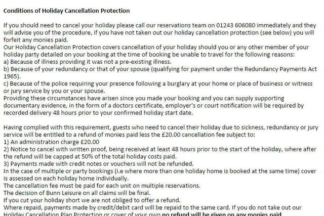 A screenshot of Bunn Leisure's cancellation policy on its website