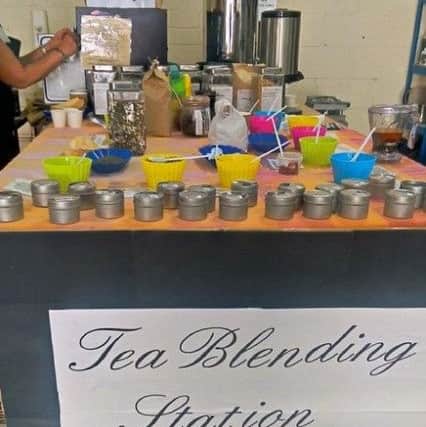 The tea blending station at the open day, where people were able to try making their favourite blend of loose tea