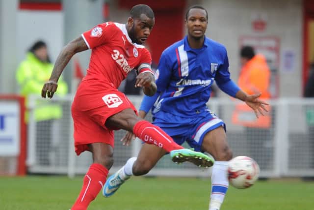 Izale McLeod scores for Crawley against Gillingham (Pic by Joe and James Rigby) SUS-150329-170317008