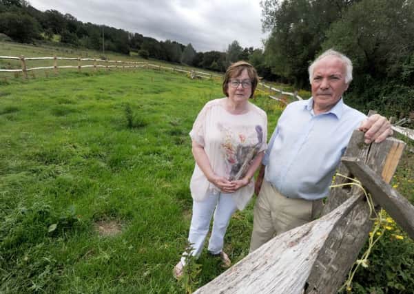 Tony and Rosemary Robins pictured with their piece of land that is often covered with sewage. SUS-151008-151748001