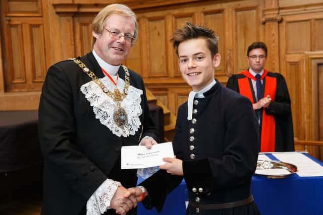 Christ's Hospital student Miles Edwards receiving a History prize on Speech Day in May. Photo by Toby Phillips