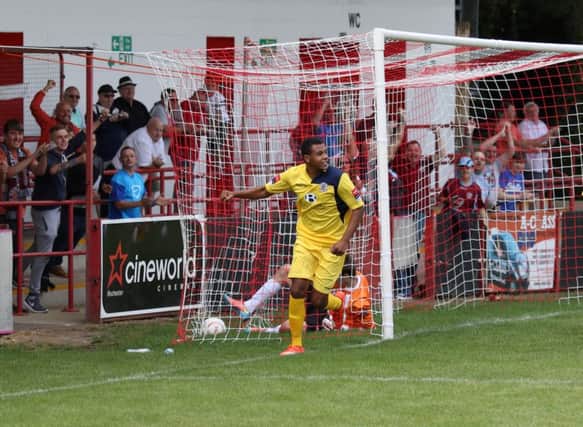 Jack Harris celebrates after scoring for Hastings United away to Chatham Town on Saturday. Picture courtesy Scott White