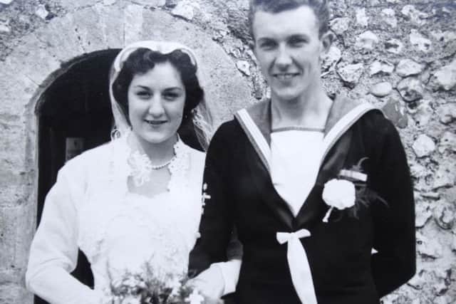 On their wedding day, at St Helen's Church in Hangleton on August 6, 1955