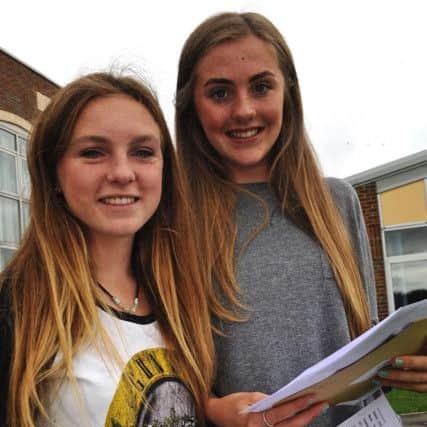 Becky Quirke and Vicky Stevens celebrate their results   PHOTO: Stephen Goodger SGTAS4