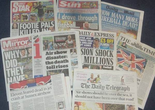 National front pages on Monday charting the Shoreham Airshow disaster SUS-150824-103133001