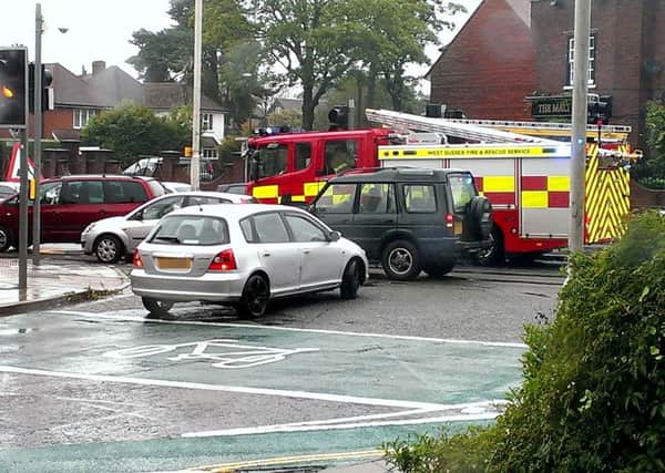 Fire appliance stuck in road works traffic in Horsham. Pic Steve Robards   SR1520699 SUS-150825-165148001