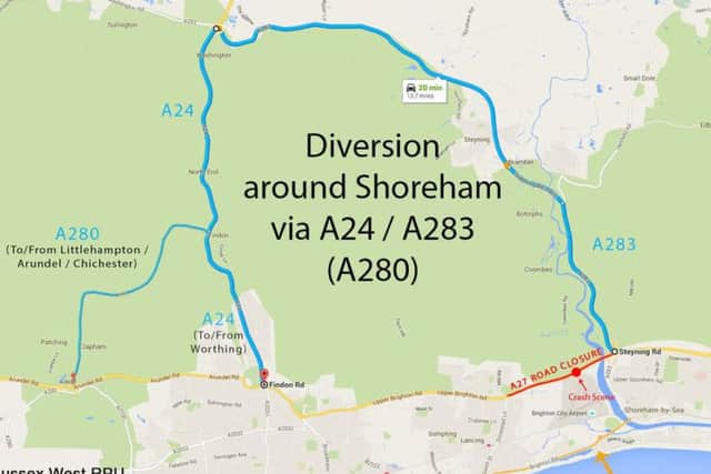 The recommended Shoreham diversion route by the authorities. There is currently an accident blocking the A280