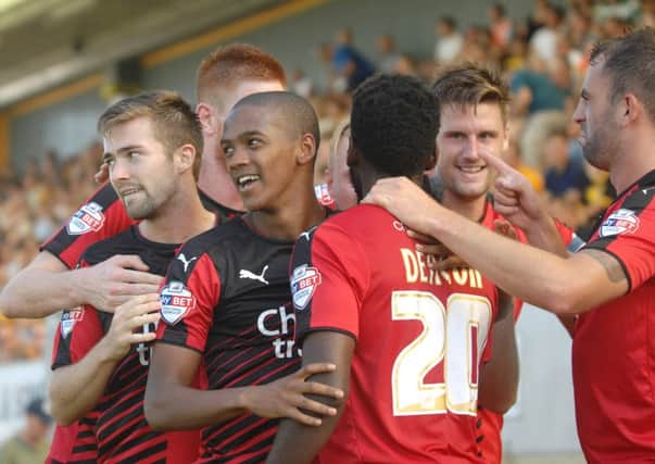 Crawley Town V Cambridge United- Roarie Deacon scores his second goal for Crawley (Pic by Jon Rigby) SUS-150822-203445008