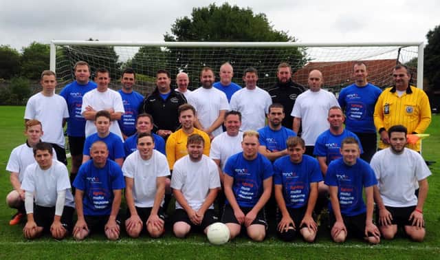 The two teams, including Johnny Hedger, Scott Lillywhite and Liam Hedger (front, centre)