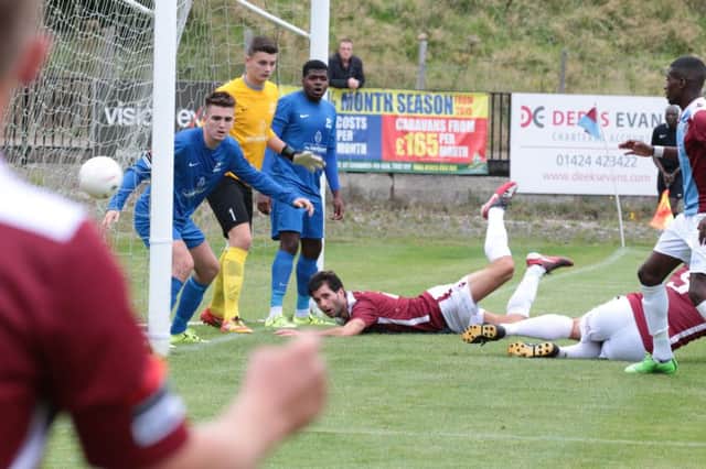 Ollie Rowe misses the target with a close range header for Hastings United against Carshalton Athletic. Picture courtesy Joe Knight