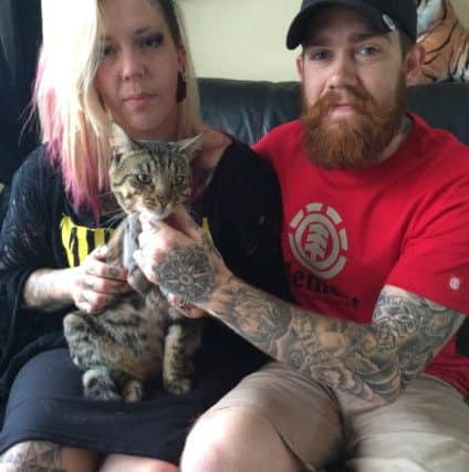 Arnold the cat, who had to have a leg amputated, with owners Leah and Allen Elphick
