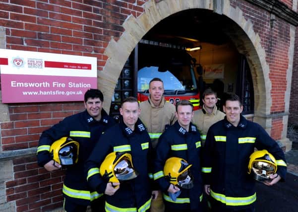 Emsworth firefighters outside their station - Lee Merrett, Chris Nevers, Dave Dobrijevic, Phil Lamb, Ross Merry, and Tom Davies PICTURE BY KATE SHEMILT ks1500473-1