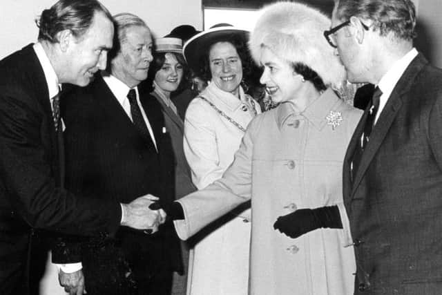 The Queen is welcomed to the QEII School in 1978. She is seen her shaking hands with Horsham MP Peter Hordern.
