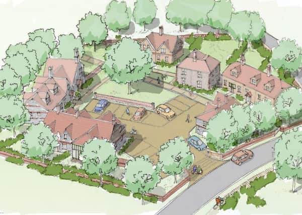 An artist's impression of part of the lower Graylingwell development, featuring the restoration of Martin's Farm