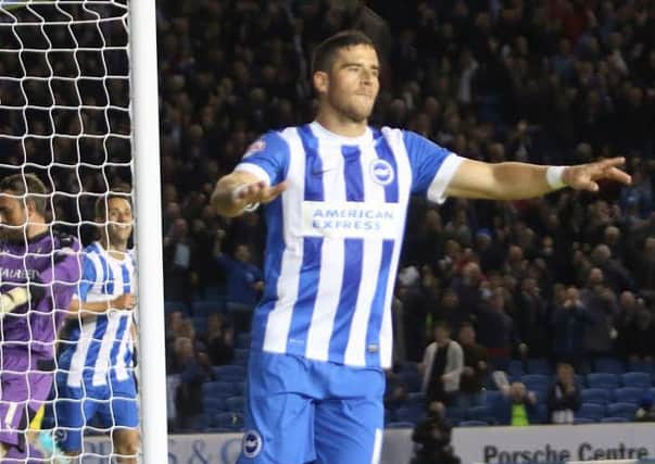 Tomer Hemed celebrates giving Albion the lead against Rotherham. Picture by Angela Brinkhurst