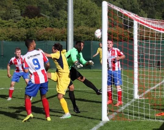 Hastings United hit the post during their 2-1 win away to Dorking Wanderers on Saturday. Picture courtesy Scott White
