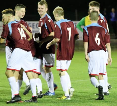Hastings United celebrate scoring against Holmesdale in last season's FA Youth Cup. Picture courtesy Joe Knight