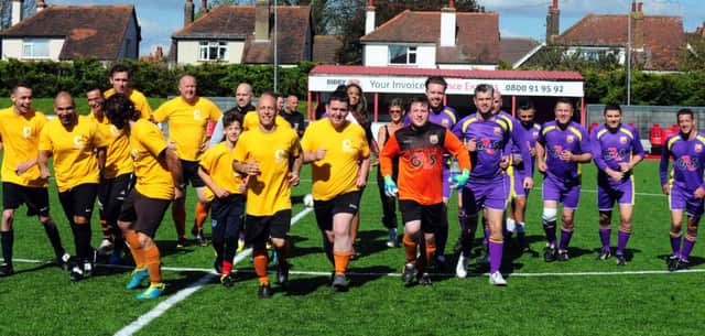 The football teams in the Chestnut Tree House celebrity charity match at Worthing Football Club