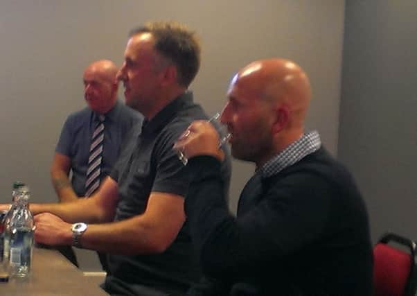 Crawley Town manager Mark Yates and assistant Jimmy Dack answer questions at the Fans' Forum. SUS-151106-152100002