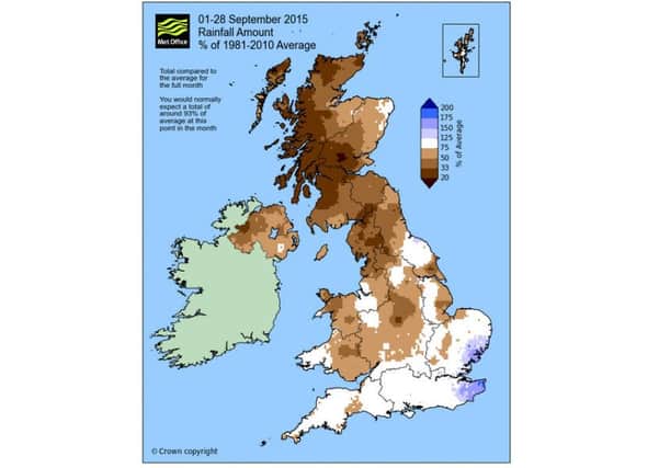 September rainfall across the UK (to 28th). Image: the Met Office.