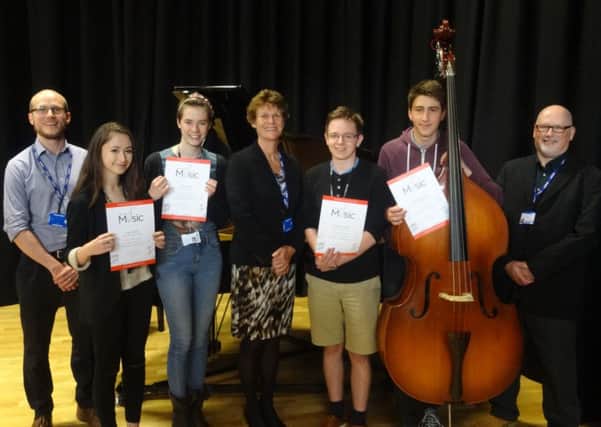 Dan Page (Subject Leader Music), Erica Morley, Thea Elvin, Sally Bromley (Collyers Principal); Laurence Cuttriss, Nicholas Skouros and Mark Elvin (Music teacher) Picture by student reporter, Hannah Warren SUS-151020-170709001