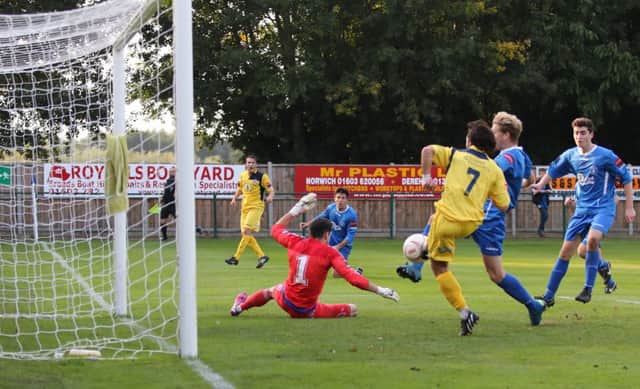 Billy Medlock (7) about to score Hastings United's second goal in their 3-2 win away to Wroxham on Saturday. Picture courtesy Scott White