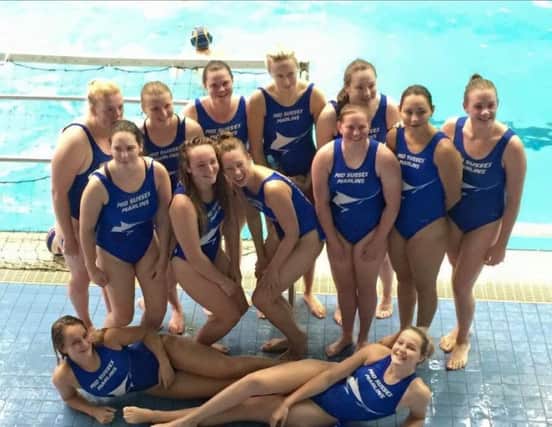 Marlins Ladies team on poolside at Ponds Forge, Sheffield. Back row L-R: Lucy Deacon, Lauren Hand, Izzy Bates, Amy Styles (GK), Rachel Moore. Front row L-R: Eve Tidy, Abby-Louise Rocky, Gemma Deacon, Grace Walker, Tamsyn Sciortino, Danni Brazier. Lying: Lara Partridge, Lily Turner 6Ox1gYzu2O9vHDX0qu6a