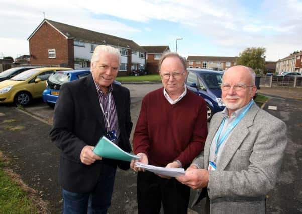 DM15221100a.jpg Parking problems in Avon Close, Sompting. L to R Adur District Councillor Brian Boggis, Trevor Crowter, vice chairman of Sompting Big Local and County councillor Lionel Parsons. Photo by Derek Martin SUS-150610-124723008
