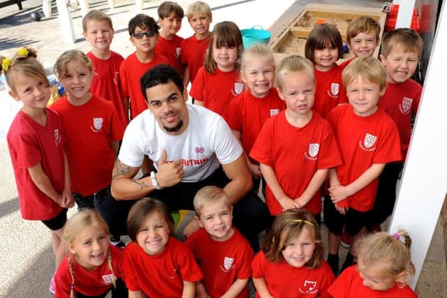 World Championship Silver medal winner Luke Lennon-Ford visited Nyewood C Of E Infant School in Bognor as part of Sports for Schools Inspirational visits with GB athletes. Pic Steve Robards SR1523645 SUS-150810-150113001