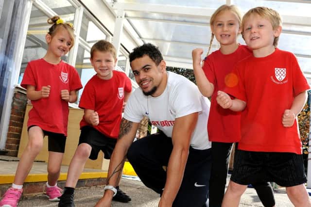 World Championship Silver medal winner Luke Lennon-Ford visited Nyewood C Of E Infant School in Bognor as part of Sports for Schools Inspirational visits with GB athletes. Pic Steve Robards SR1523667 SUS-150810-150125001