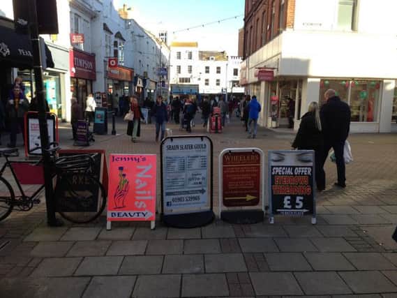 A-boards blocking Montague Street, captured by county councillor Michael Cloake last year