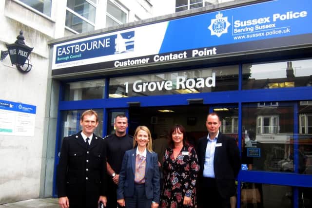Pictured L-R Divisional Commander Chief Superintendent Neil Honnor, Inspector Damen Funnell, Sussex Police and Crime Commissioner Katy Bourne, Head of Customer First Melanie Thompson and Eastbourne Borough Council Chief Executive Robert Cottrill outside Grove Road. ENGSUS00120130810133528