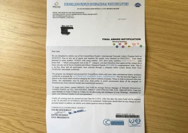 The letter Jane Hay received from the Euromillions People's International Lottery
