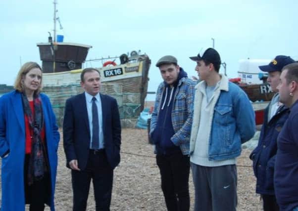 Amber Rudd MP and Fisheries minister George Eustice meeting fishermen in Hastings in February.