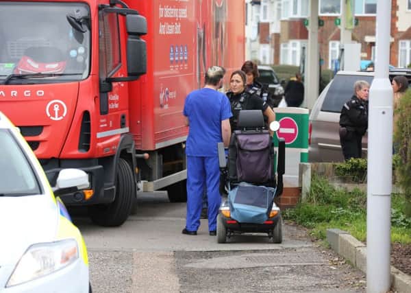 An elderly woman was left shaken after becoming trapped between a lorry and a wall   Pictures: Eddie Mitchell