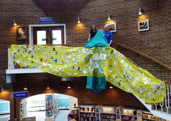 Children's colourings have been displayed at Chichester Library on the shape of the argentavis magnificens