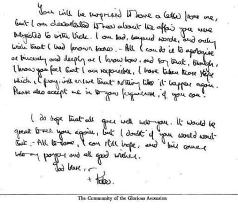 A letter written by former Bishop of Lewes Peter Ball, released by Sussex Police