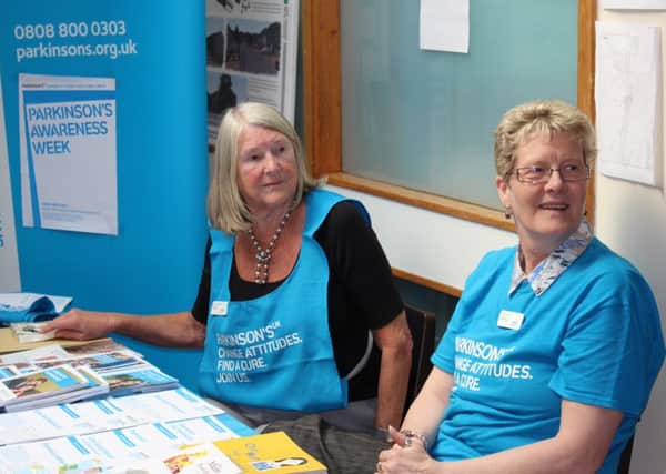 Chairman Margaret Stewart and secretary Ann Pearse manning an information stand at Southlands Hospital neurology clinic