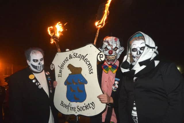 Staplecross Bonfire parade, bonfire and fireworks, staged by the Ewehurst and Staplecross Bonfire Society October 31st 2015 SUS-150211-073045001