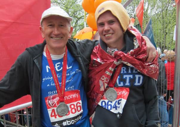 Joe and Neil Bates after completing the London marathon this year for The Sara Lee Trust