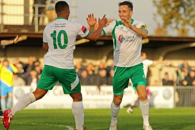 Goal heroes Chike Kandi and Jason Prior celebrate Prior's opener / Picture by Tim Hale