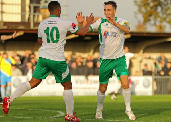 Goal heroes Chike Kandi and Jason Prior celebrate Prior's opener / Picture by Tim Hale