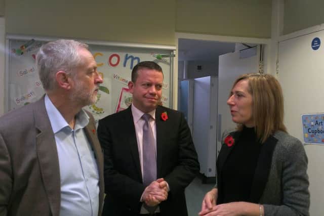 From left, Jeremy Corbyn, Cllr Chris Oxlade, Caterpillar Pre-school owner Cathie Clark