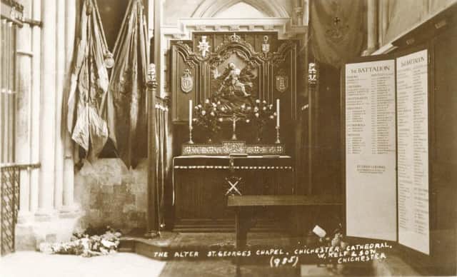 The Royal Sussex Regiment Memorial Chapel in Chichester   Cathedral, unveiled on November 11, 1921, showing some of the panels naming the fallen of the First World War